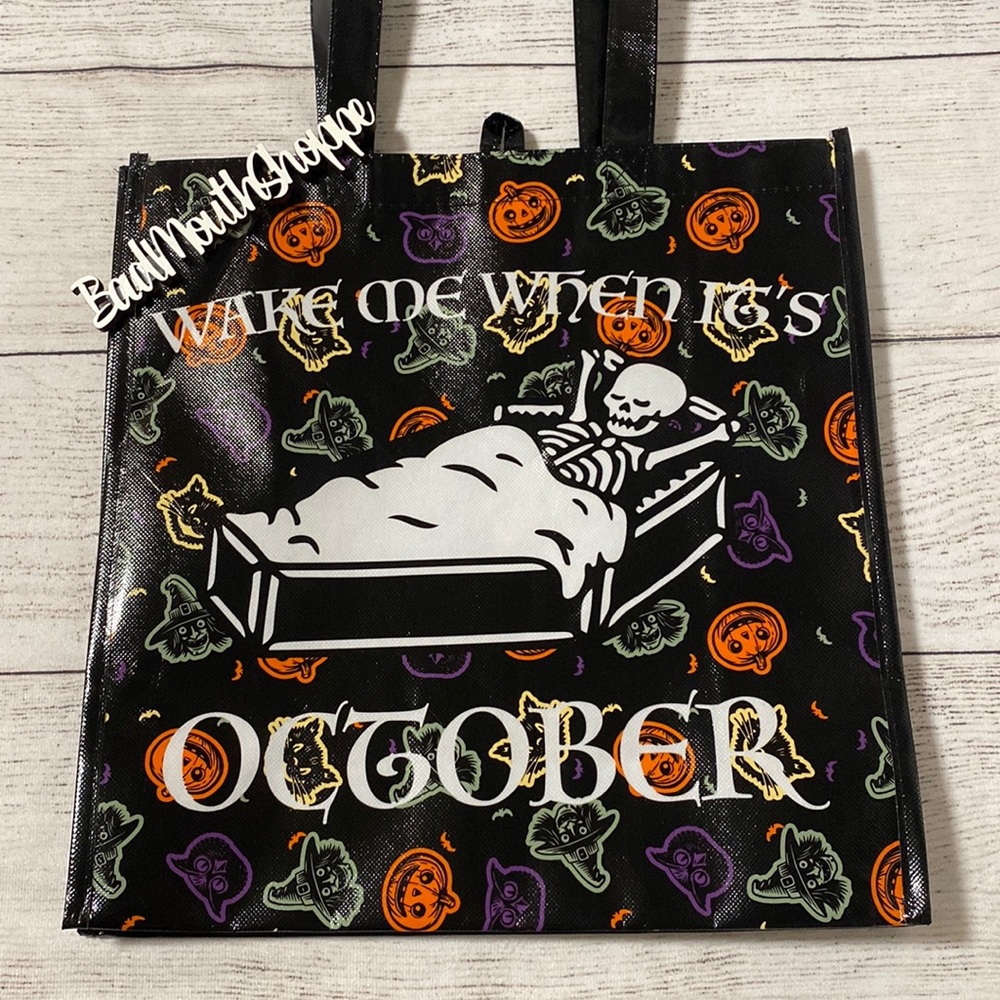 *Wake Me When It's October Skeleton Spirit Halloween Reusable Candy Tote Bag